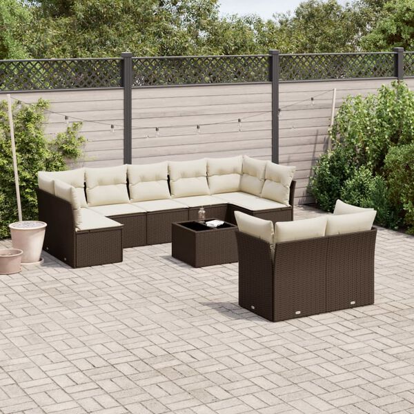 vidaXL Set Divani da Giardino 10pz con Cuscini in Polyrattan Marrone