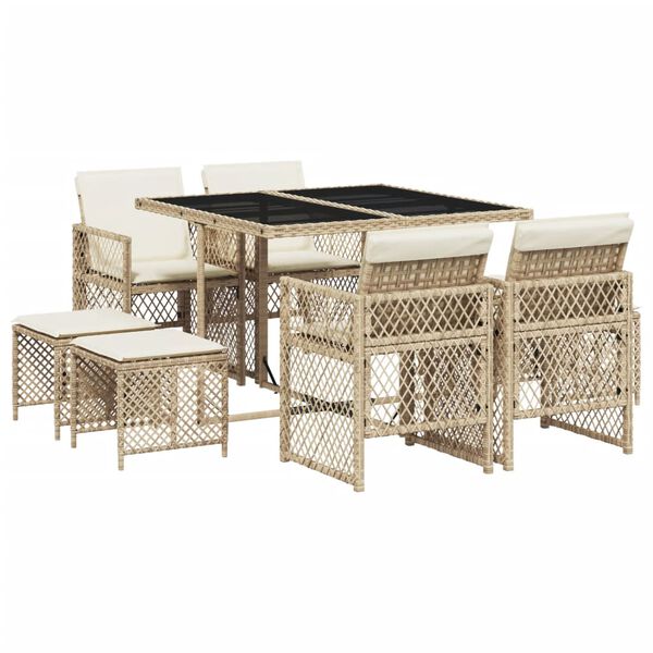 vidaXL Set da Pranzo da Giardino 9 pz con Cuscini Beige in Polyrattan
