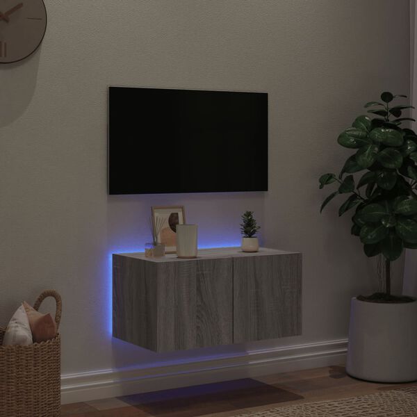 vidaXL Mobile TV a Parete con Luci LED Grigio Sonoma 60x35x31 cm