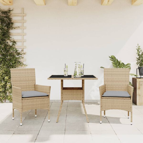 vidaXL Set da Pranzo da Giardino 3 pz con Cuscini Polyrattan e Vetro