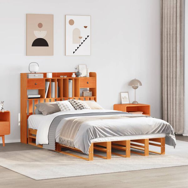 vidaXL Letto Libreria senza Materasso Marrone Cera 135x190 cm in Pino