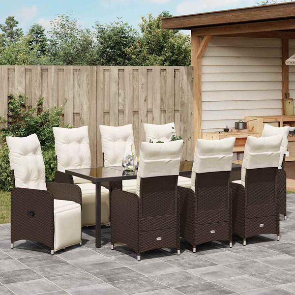 vidaXL Set da Pranzo per Giardino con cuscino 9 pcs Marrone polyrattan