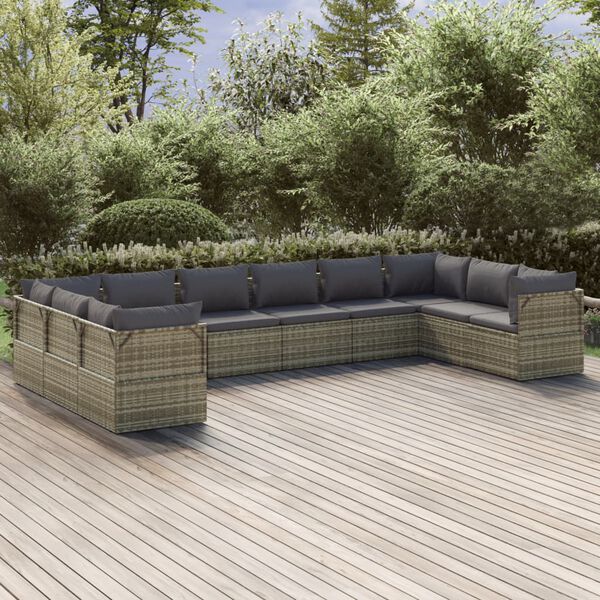 vidaXL Set Divani da Giardino 10 pz con Cuscini in Polyrattan Grigio