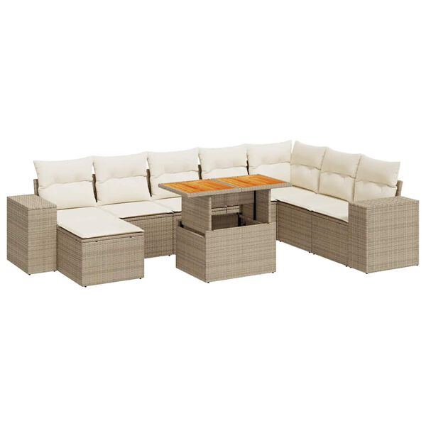 vidaXL Set Divano da Giardino 9 pz con Cuscini Beige Polyrattan Acacia