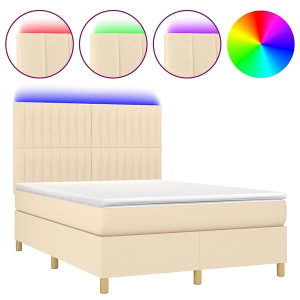 vidaXL Letto a Molle con Materasso e LED Crema 140x190 cm in Tessuto