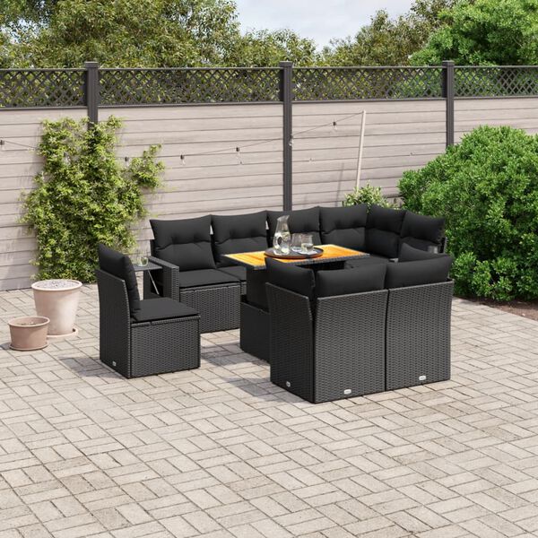 vidaXL Set Divani da Giardino 9 pz con Cuscini Nero in Polyrattan