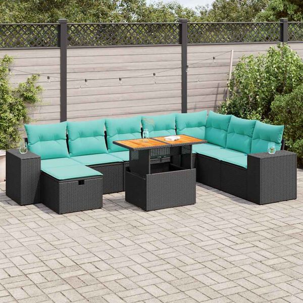 vidaXL Set Divani da Giardino 9 pz con Cuscini Nero Polyrattan Acacia