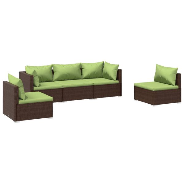 vidaXL Set Divani da Giardino 5 pz con Cuscini in Polyrattan Marrone