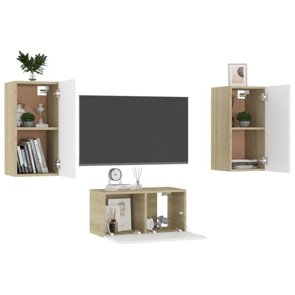 vidaXL Set Mobili TV 3 pz Bianco e Rovere Sonoma in Legno Multistrato