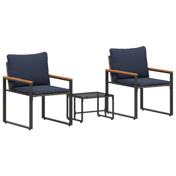 vidaXL Set di Mobili con cuscino 3 pcs Grigio e Blu Navy Rattan