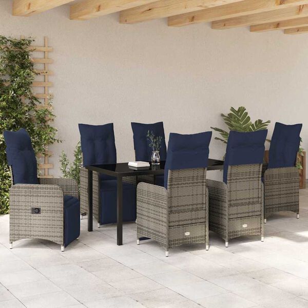 vidaXL Set di tavolo e sedie con cuscino 7 pcs Grigio Rattan in PE