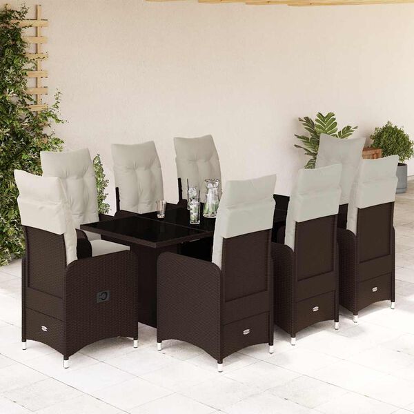 vidaXL Set Bistr&ograve; da Giardino 9 pz con Cuscini in Polyrattan Marrone