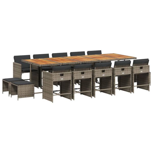 vidaXL Set da Pranzo da Giardino 15 pz con Cuscini Grigio Polyrattan