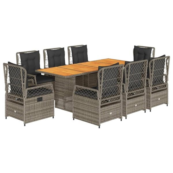vidaXL Set da Pranzo da Giardino 9 pz con Cuscini in Polyrattan Grigio