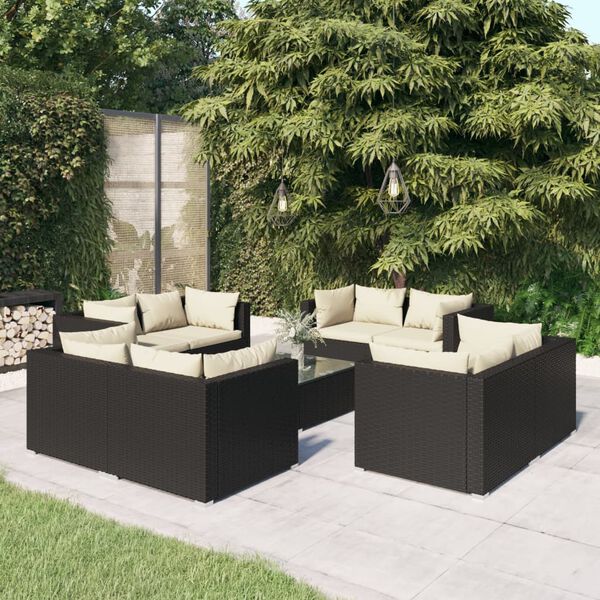 vidaXL Set Divani da Giardino 9 pz con Cuscini in Polyrattan Nero