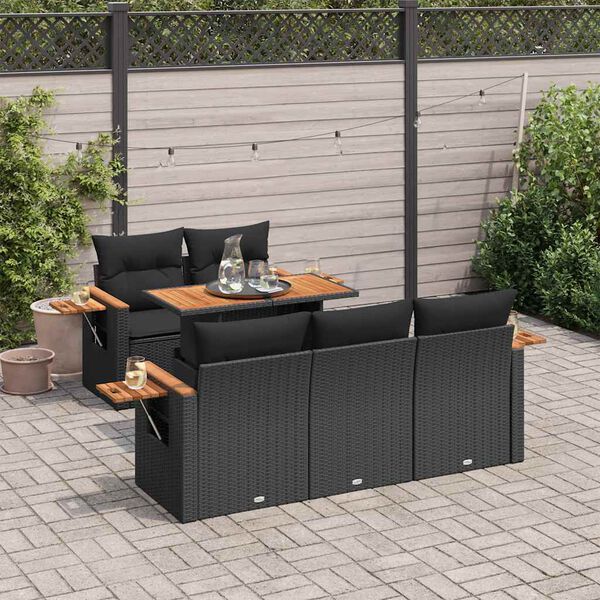 vidaXL Set Divano da Giardino 6 pz con Cuscini Nero Polyrattan Acacia