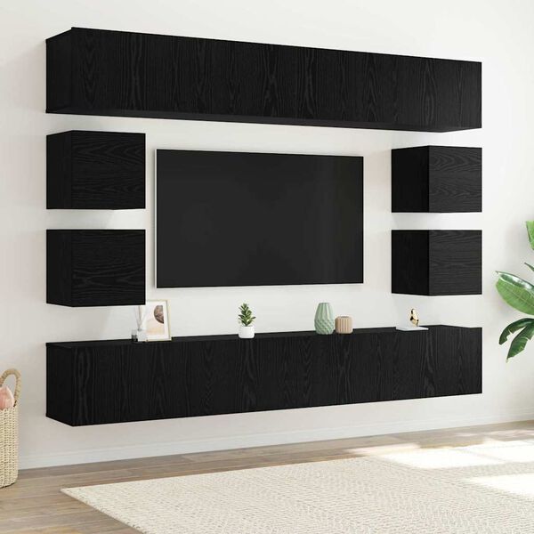 vidaXL Set mobile TV Montaggio a parete Rovere Nero Legno multistrato