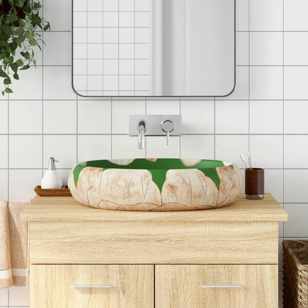 vidaXL Lavabo da Appoggio Verde e Marrone Ovale 59x40x15 cm Ceramica