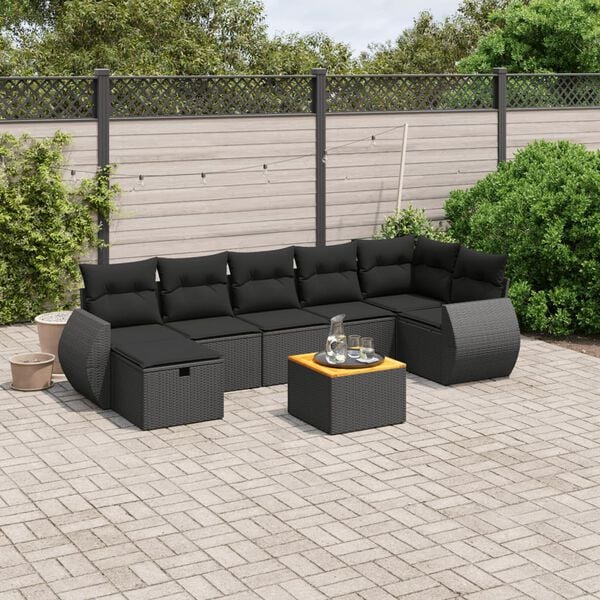 vidaXL Set Divani da Giardino con Cuscini 8 pz Nero in Polyrattan