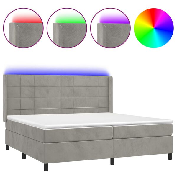 vidaXL Letto a Molle Materasso e LED Grigio Chiaro 200x200 cm Velluto