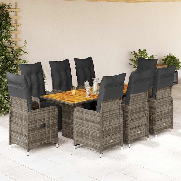 vidaXL Set Bistr&ograve; da Giardino 9 pz con Cuscini in Polyrattan Grigio