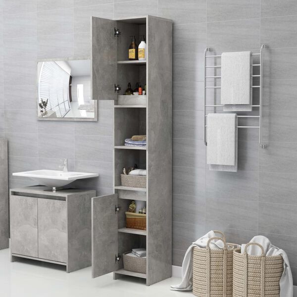 vidaXL Mobile da Bagno Grigio Cemento 30x30x183,5 cm Legno Multistrato