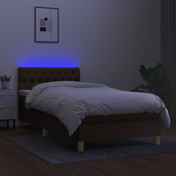 vidaXL Letto a Molle Materasso e LED Marrone Scuro 90x190cm in Tessuto