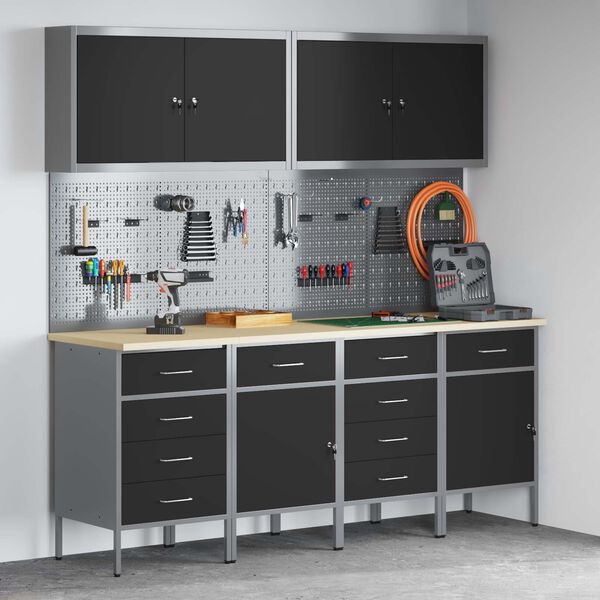 vidaXL Mobile da lavoro 10 pcs Nero Legno ingegnerizzato e acciaio