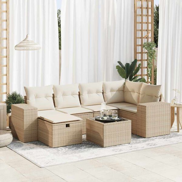 vidaXL Set Divani da Giardino 7 pz con Cuscini Beige in Polyrattan