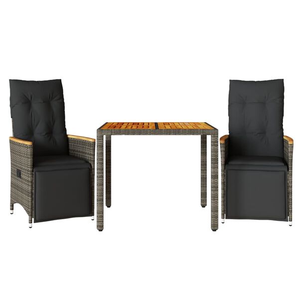 vidaXL Set Bistr&ograve; da Giardino 3 pz con Cuscini in Polyrattan Grigio