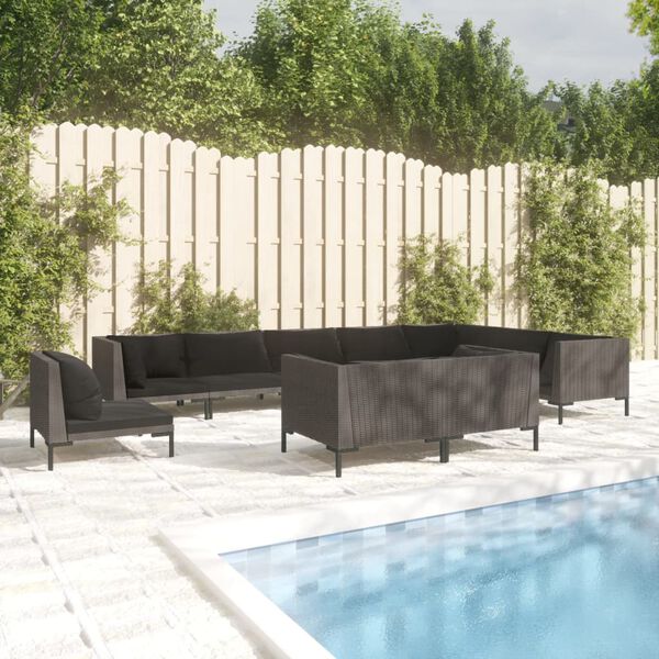 vidaXL Divani da Giardino 10 pz con Cuscini in Polyrattan Grigio Scuro