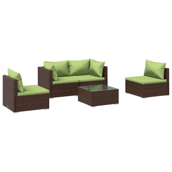 vidaXL Set Divani da Giardino 5 pz con Cuscini in Polyrattan Marrone