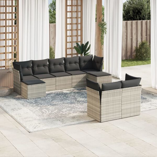 vidaXL Set Divano da Giardino 9pz con Cuscini Grigio Chiaro Polyrattan