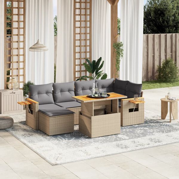 vidaXL Set Divani da Giardino 7 pz con Cuscini Beige in Polyrattan
