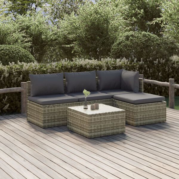 vidaXL Set Divani da Giardino 5 pz con Cuscini in Polyrattan Grigio