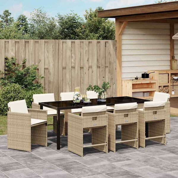 vidaXL Set da Pranzo per Giardino con cuscino 9 pcs Beige polyrattan