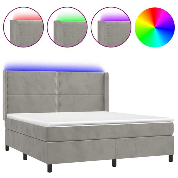 vidaXL Letto a Molle Materasso e LED Grigio Chiaro 180x200 cm Velluto