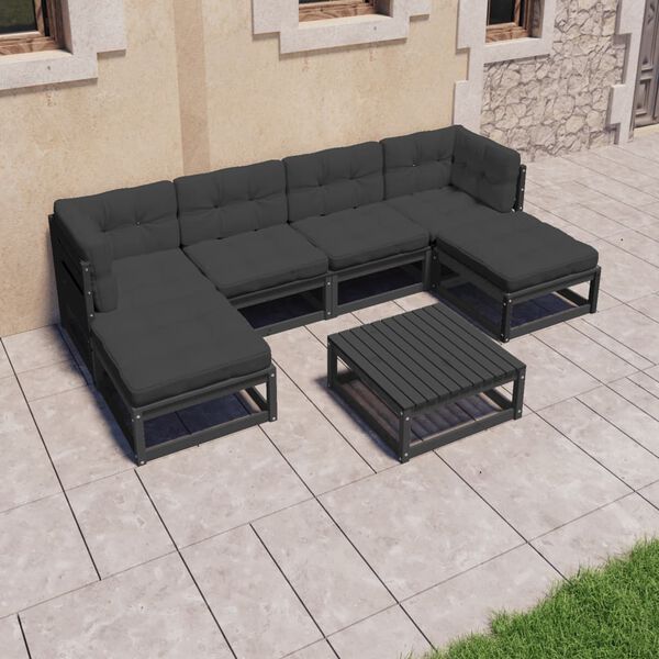 vidaXL Set Divani da Giardino 7 pz con Cuscini in Pino Massello Nero
