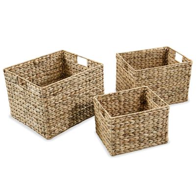 Set Di 2 Cestini Portaoggetti In Giacinto D'acqua Con Coperchio, Vimini Naturale, Misure L E S, Per Organizzazione Casa