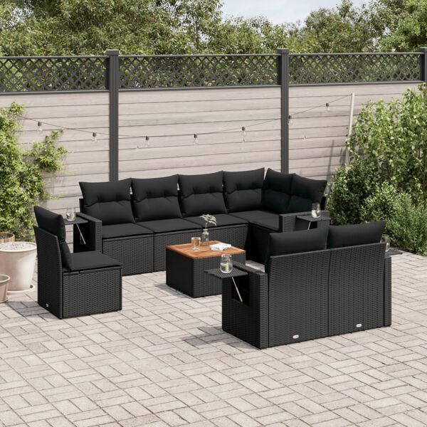 vidaXL Set Divani da Giardino 9 pz con Cuscini Nero in Polyrattan