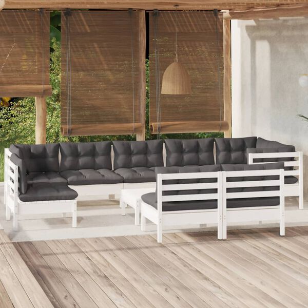 vidaXL Set Divani da Giardino 10 pz con Cuscini Bianchi Legno di Pino