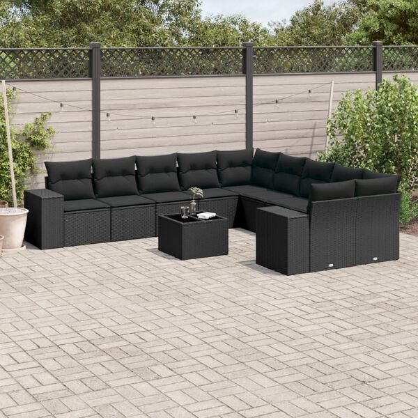 vidaXL Set Divani da Giardino 11 pz con Cuscini in Polyrattan Nero