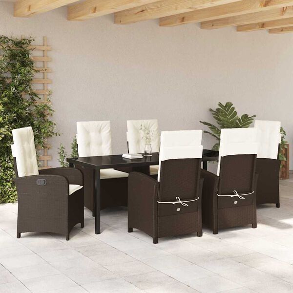 vidaXL Set da Pranzo per Giardino con cuscino 7 pcs Marrone polyrattan