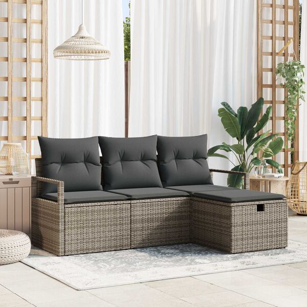 vidaXL Set Divano da Giardino con cuscino 4 pcs Grigio Poly Rattan