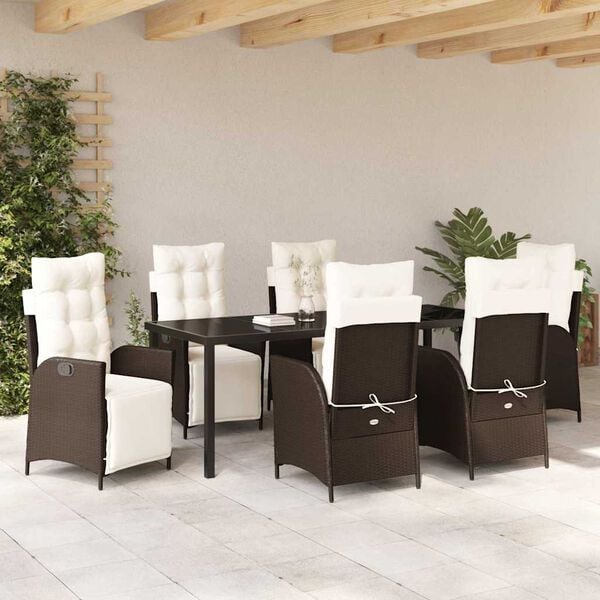 vidaXL Set da Pranzo per Giardino con cuscino 7 pcs Marrone polyrattan