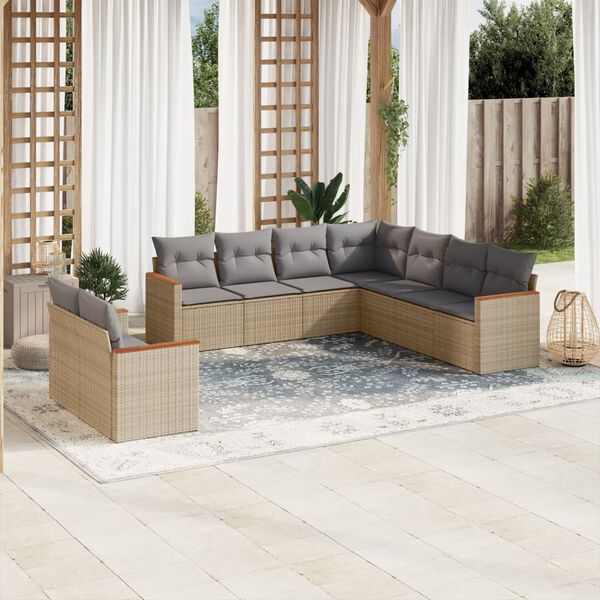 vidaXL Set Divano da Giardino 9 pz con Cuscini Beige Misto Polyrattan