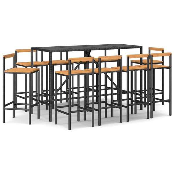 vidaXL Set Bar Giardino 11 pz Nero Polyrattan e Legno Massello Acacia