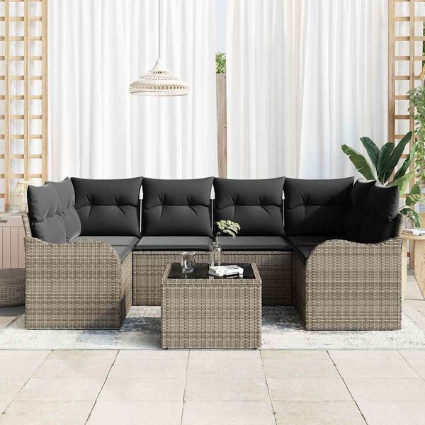 vidaXL Set Divano da Giardino 7 pcs Grigio Polyrattan, Acciaio e Vetro