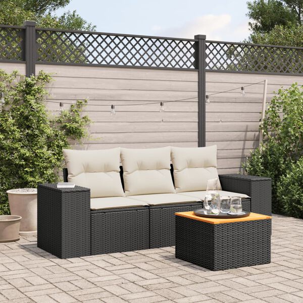 vidaXL Set Divani da Giardino 4 pz con Cuscini Nero in Polyrattan