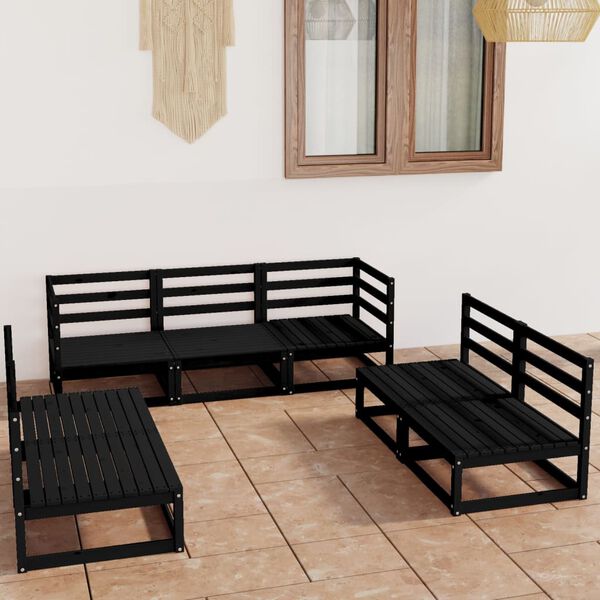 vidaXL Set Divani da Giardino 7 pz Nero in Legno Massello di Pino